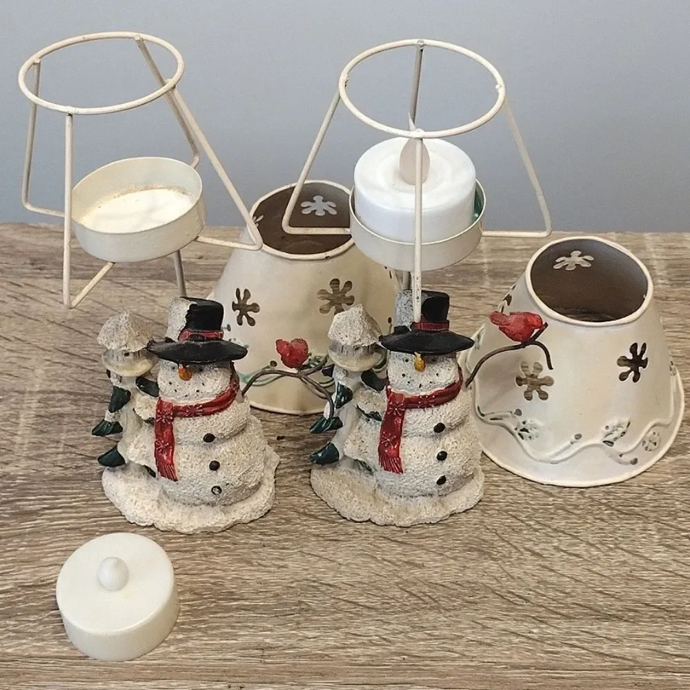 VTG Set of 2 Christmas Ceramic Snowman‎ Metal Shade Tealight Holders